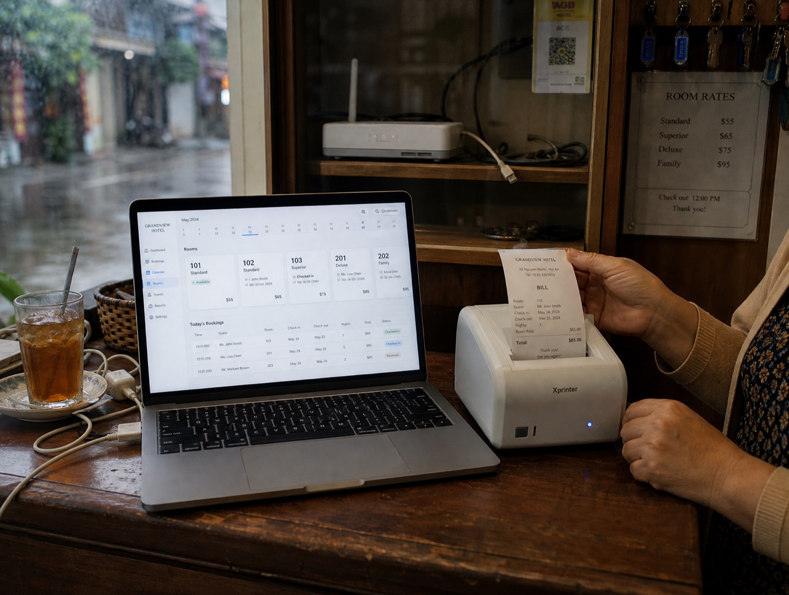 Cục phát Wi-Fi rút dây điện nhưng máy tính tại quầy vẫn tính tiền và in phiếu thu bình thường